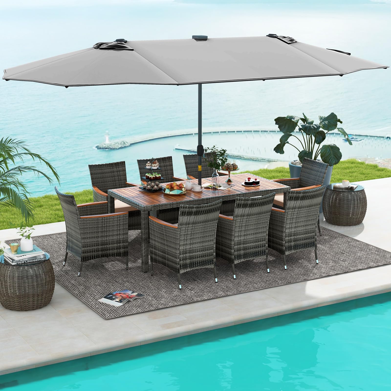 Tangkula 11 Pieces Patio Dining Set with 15 ft Double-Sided Patio LED Umbrella (Base Included) - Image 16