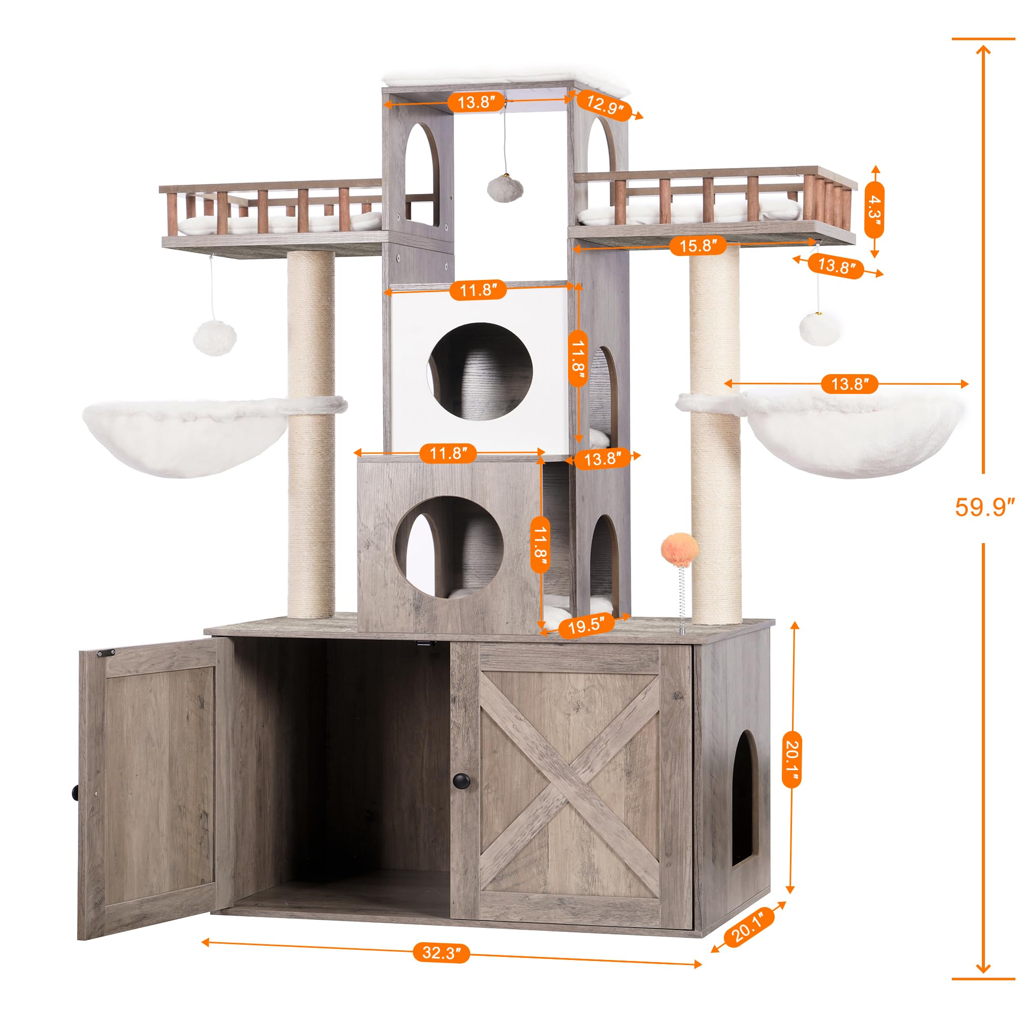 Heybly Cat Tree with Litter Box Enclosure for Indoor Big Cat HCT110SG Cat Tower for Large Cats 20 lbs Heavy Duty, Modern Cat Condo Furniture with Scratching Posts, Rustic Gray Product gallery - Image 3