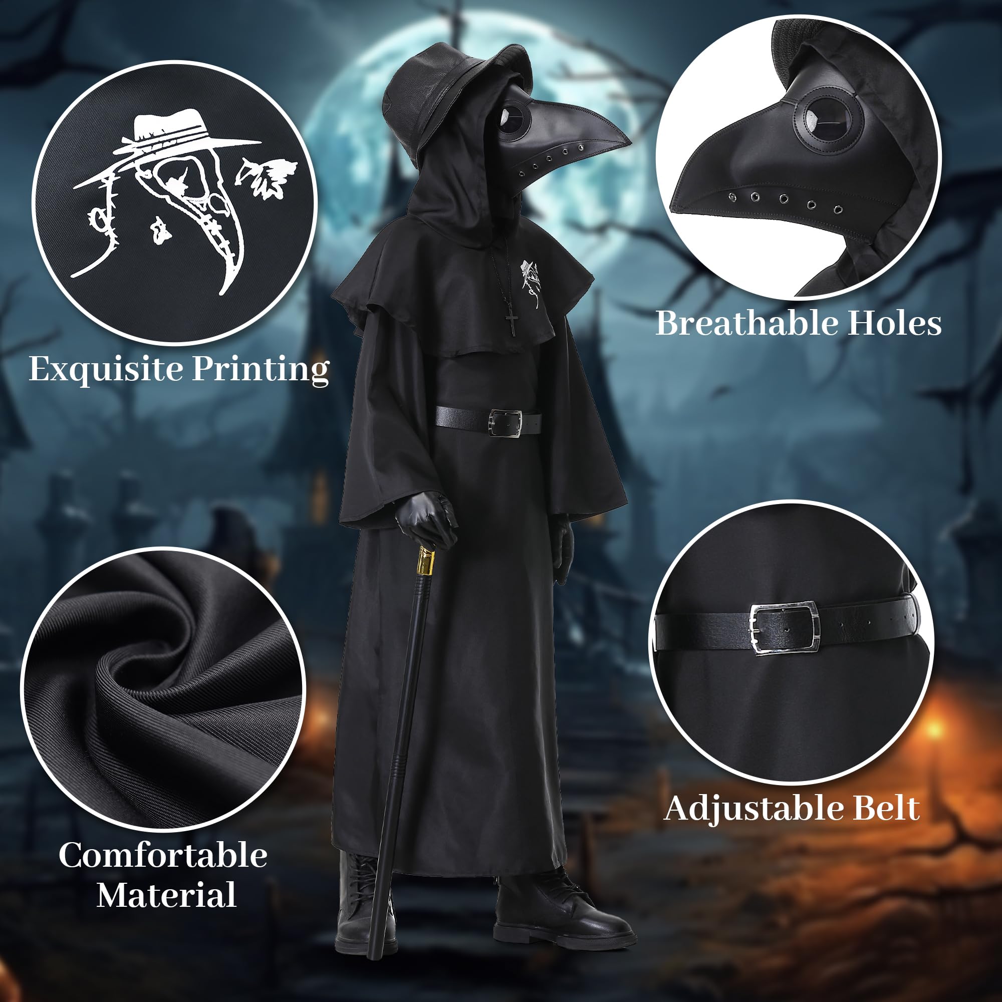 Plague Doctor Costume for Kids 5-12 - Halloween Outfit With Robe and Mask Set for Boys and Girls - Image 4