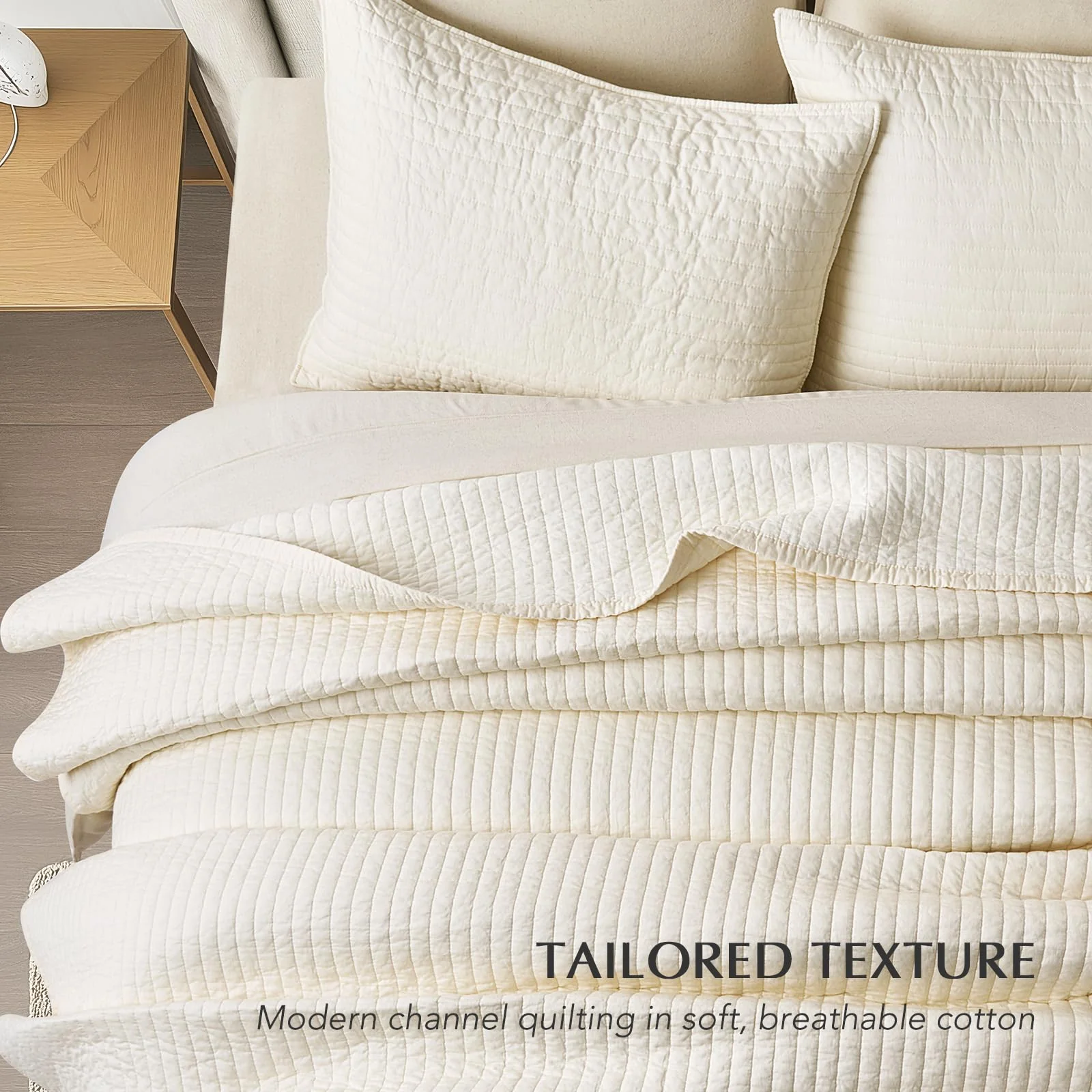 EVERGRACEHOME Cotton Sateen Quilt Set, Queen Size, Cream 100% Cotton, Channel Stitch Coverlet Bedspread, Pre-Washed Lightweight Soft Bedding Set for All Season, 3 Piece, with 2 Shams - Image 3
