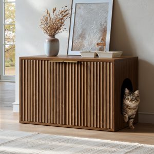 Evermagin 31.5" Cat Litter Box Enclosure Furniture Walnut Hidden Litter Box Cabinet, Modern Indoor Cat House, Fluted Kitty End Table for Living Room, Bedroom, Entryway