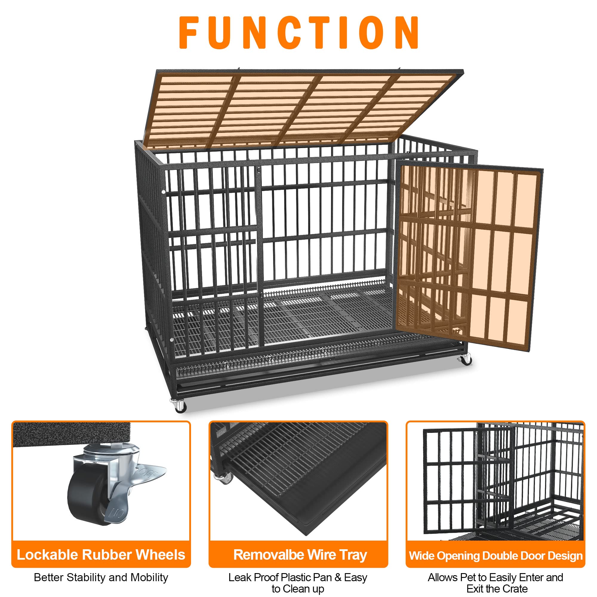 BOLDBONE 48 inch Heavy Duty Indestructible and Escape-Proof Dog Crate Cage Kennel for Large Dogs, High Anxiety Dog Crate with Removable Wire Trays and Wheels, Extra Large XL XXL, Black - Image 4