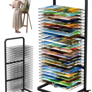 Art Drying Rack with 25 Removable Shelves, Mobile Metal Paint Drying Stand with Lockable Wheels, Functional Canvas Rack Art Storage for Artwork in Classrooms, Art Studios and Schools, Black