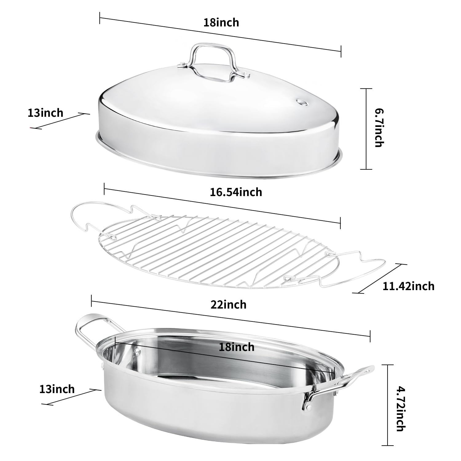 JY COOKMENT 22" Large Roasting Pan with Rack and Lid,Oval Turkey Roaster Pan for oven,Stainless Steel Roasting Pan with rack,Best Gift for Mother or Father. - Image 2