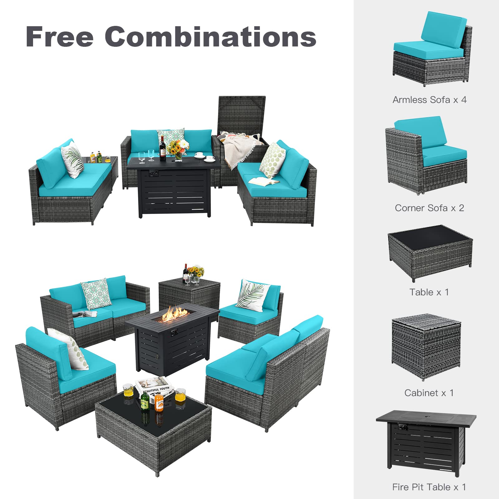 Tangkula 9 Pieces Patio Rattan Furniture Set, Patiojoy Sectional Sofa Set w/Storage Box, Coffee Table, Outdoor Wicker Conversation Set - Image 6