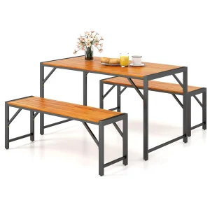 Tangkula 3 Pieces Patio Dining Set for 6 People, Outdoor Picnic Table & 2 Benches, 53&rdquo; Acacia Wood Dining Table