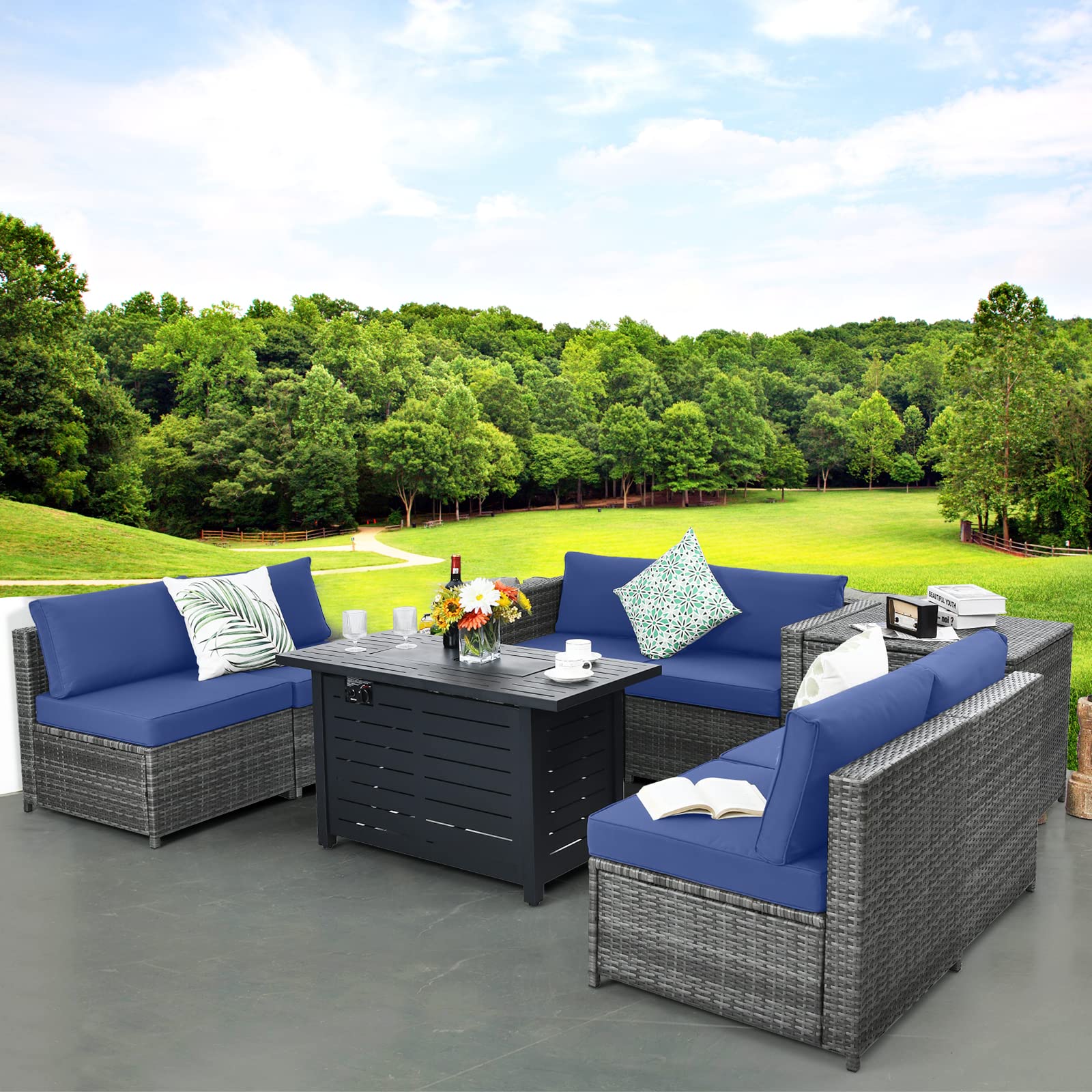 Tangkula 9 Pieces Patio Rattan Furniture Set, Patiojoy Sectional Sofa Set w/Storage Box, Coffee Table, Outdoor Wicker Conversation Set - Image 11