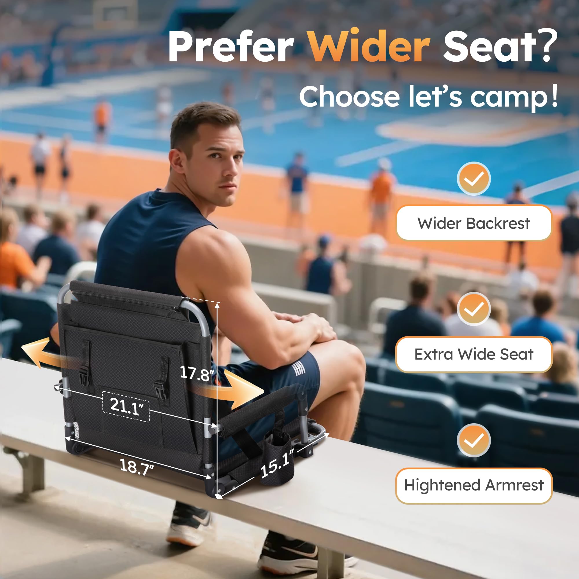 LET'S CAMP 2 Pack Folding Stadium Seats, Portable Bleacher Chairs with Comfortable Cushions, Cup Holder and Mesh Bag, Perfect for Sports Games and Outdoor Activities - Image 4