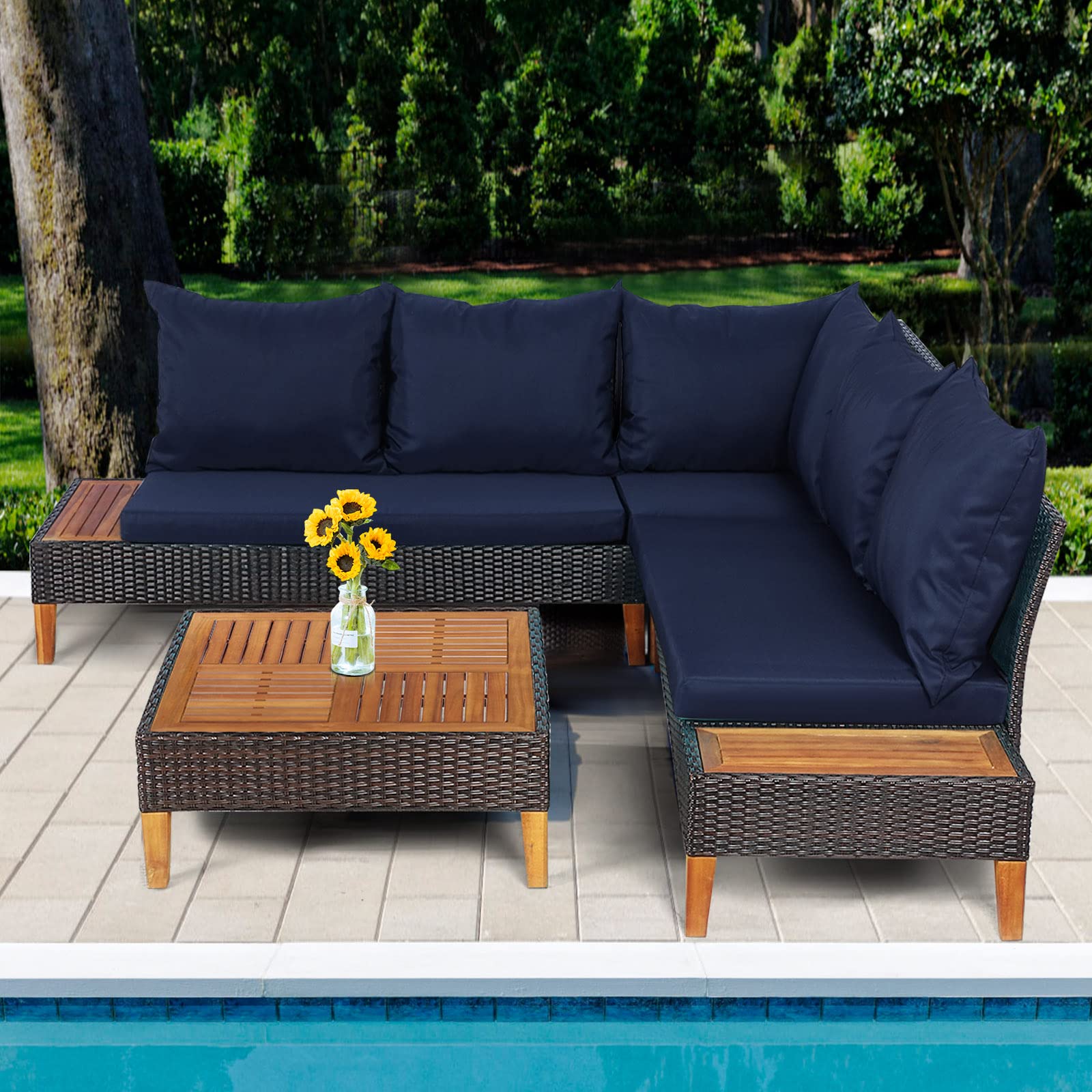 4 Pieces Acacia Wood Patio Conversation Set, Sofa Set with Coffee Table, Corner Sofa & 2 Loveseats - Image 9