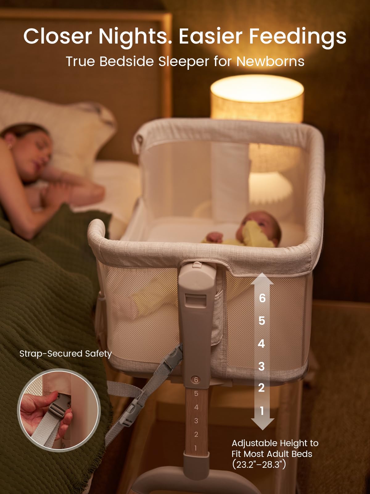 GROWNSY 5-in-1 Baby Bassinet Bedside Sleeper with Gentle Manual Rocking 6 Adjustable Heights, Full Breathable Mesh, Convertible to Portable Crib, Bassinets with Mattress & Wheels, Beige - Image 2