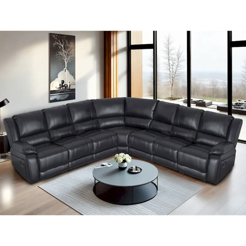 129W 7-Seat Faux Leather Manual Reclining Large Sectional Sofa - Image 4