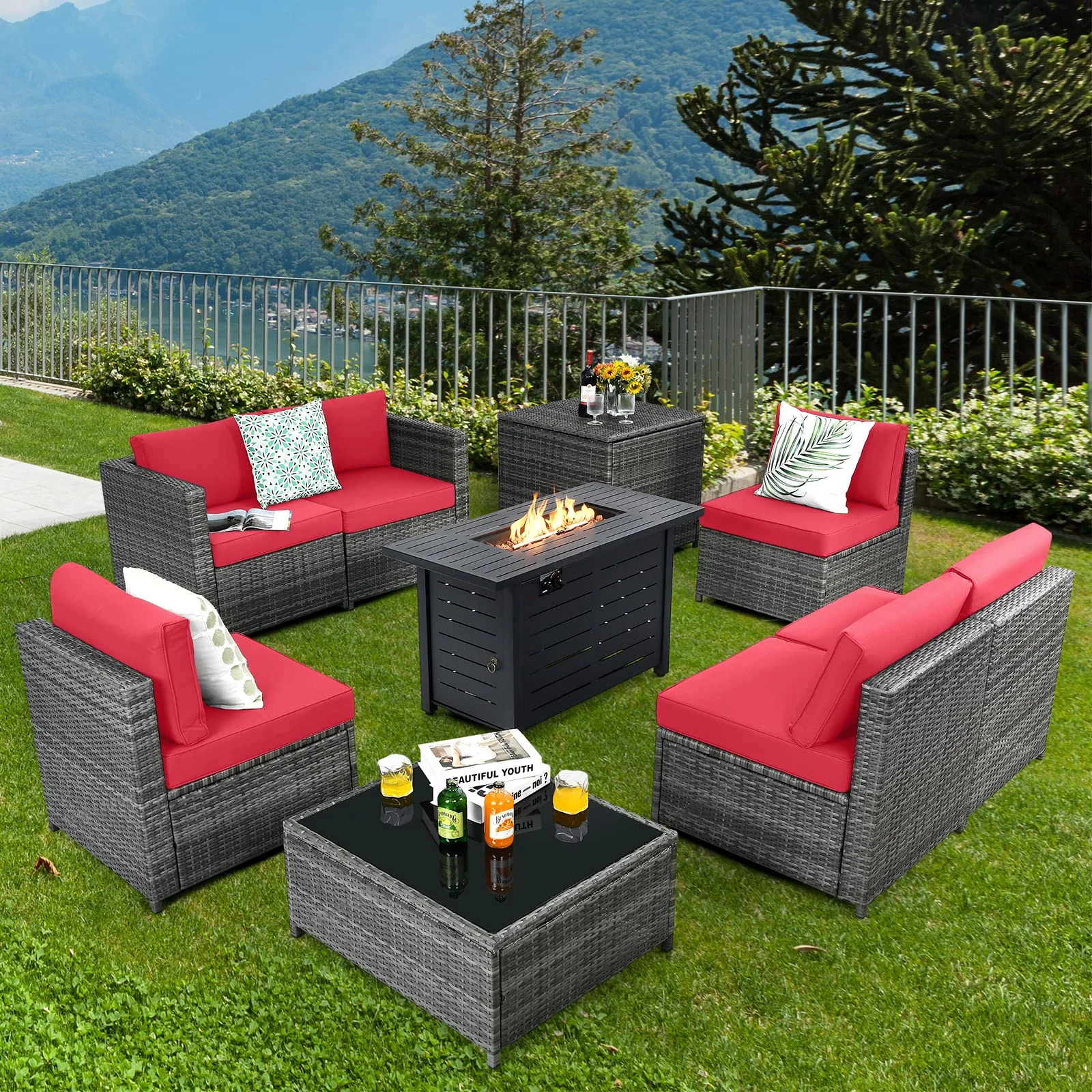 Tangkula 9 Pieces Patio Rattan Furniture Set, Patiojoy Sectional Sofa Set w/Storage Box, Coffee Table, Outdoor Wicker Conversation Set - Image 12