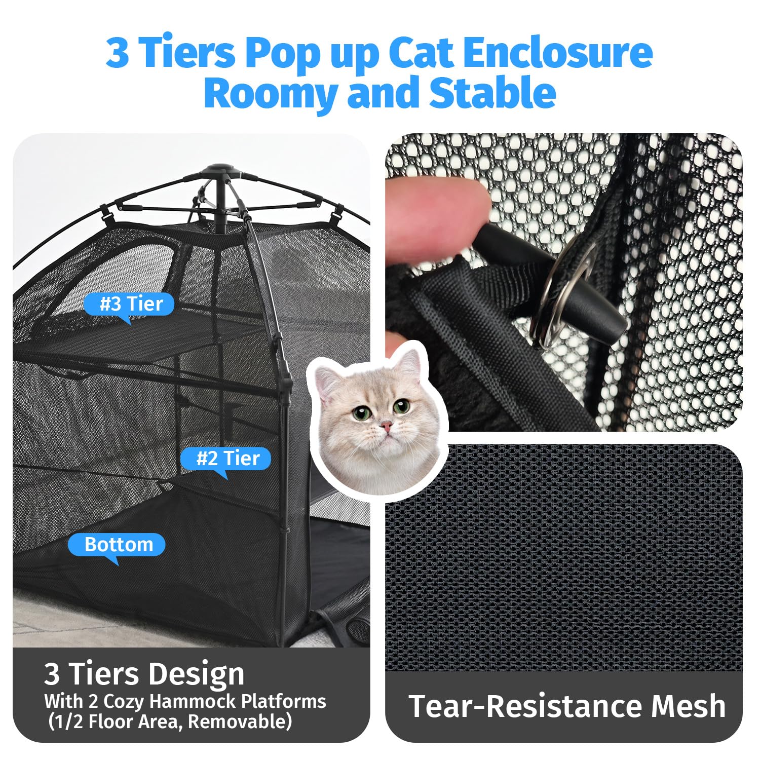 Catio Outdoor Cat Enclosure Pop up Cat Tower Tent(Square, L) Cat Playpen w/Breathable Mesh Portable Catio Kitten Pet Animal Play Pen Indoor Enclosed Kitty Patio Balcony Camping - Image 3