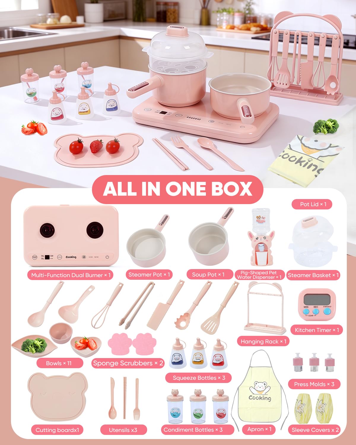 Real Cooking Set with 110V Dual Burner, Mini Kitchen Set (Pink) Operate Each Burner Separately or Together to Steam, Boil and Heat Two Dishes at Once - Image 2