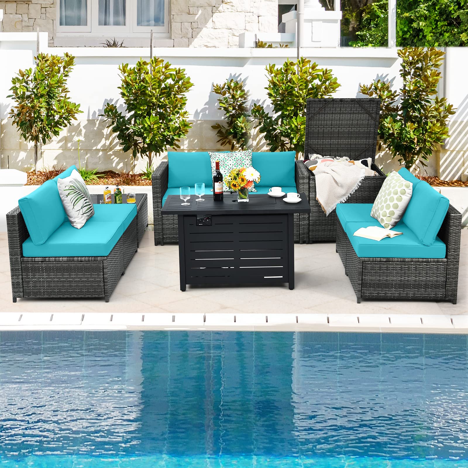 Tangkula 9 Pieces Patio Rattan Furniture Set, Patiojoy Sectional Sofa Set w/Storage Box, Coffee Table, Outdoor Wicker Conversation Set - Image 3
