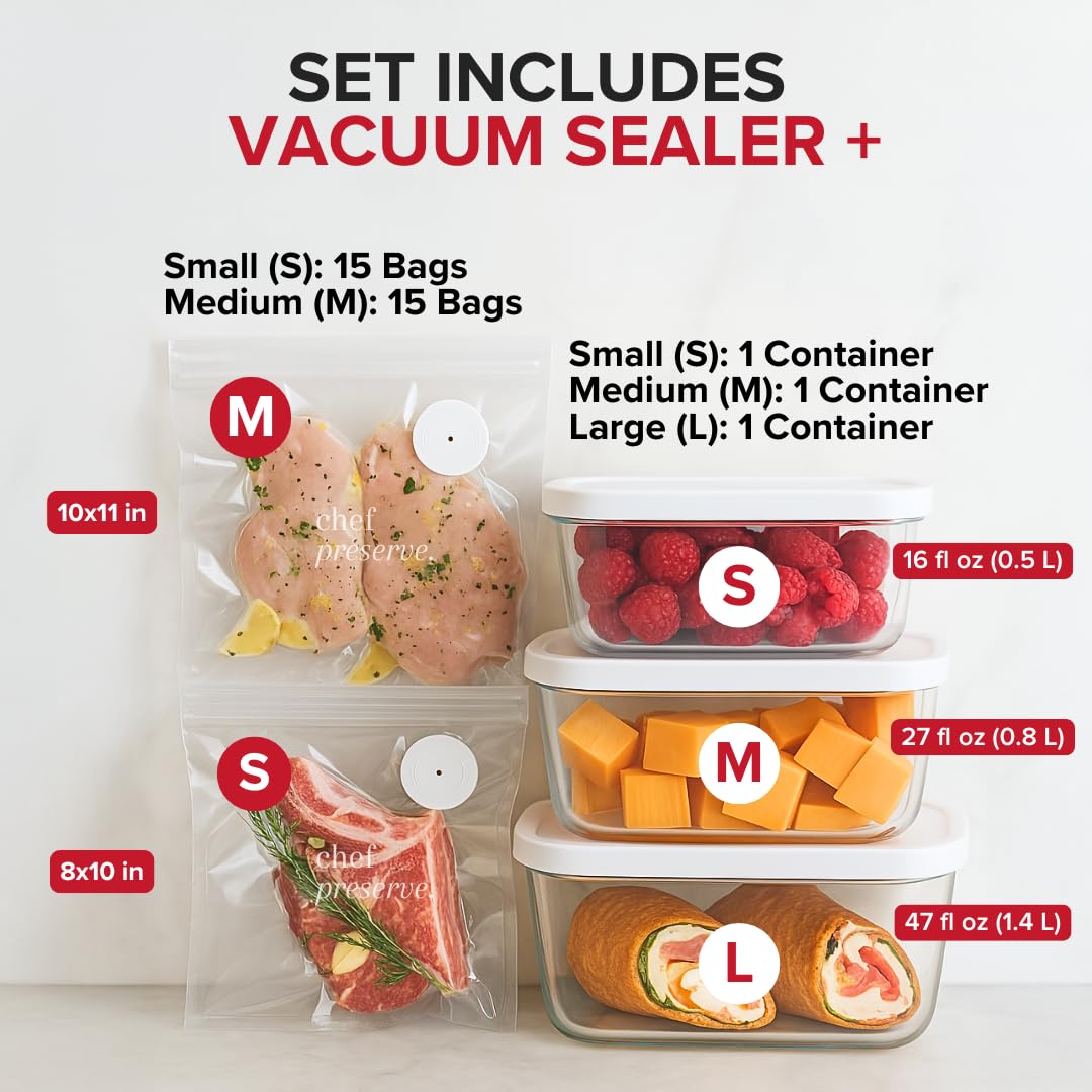 Chef Preserve Compact Vacuum Sealer for Food (Vacuum Sealer Machine + 3 Glass Vacuum Containers + 30 Reusable Vacuum Bags) Powerful Handheld Vacuum Seal Machine, Seal Meal Saver, Portable Food Sealer - Image 2