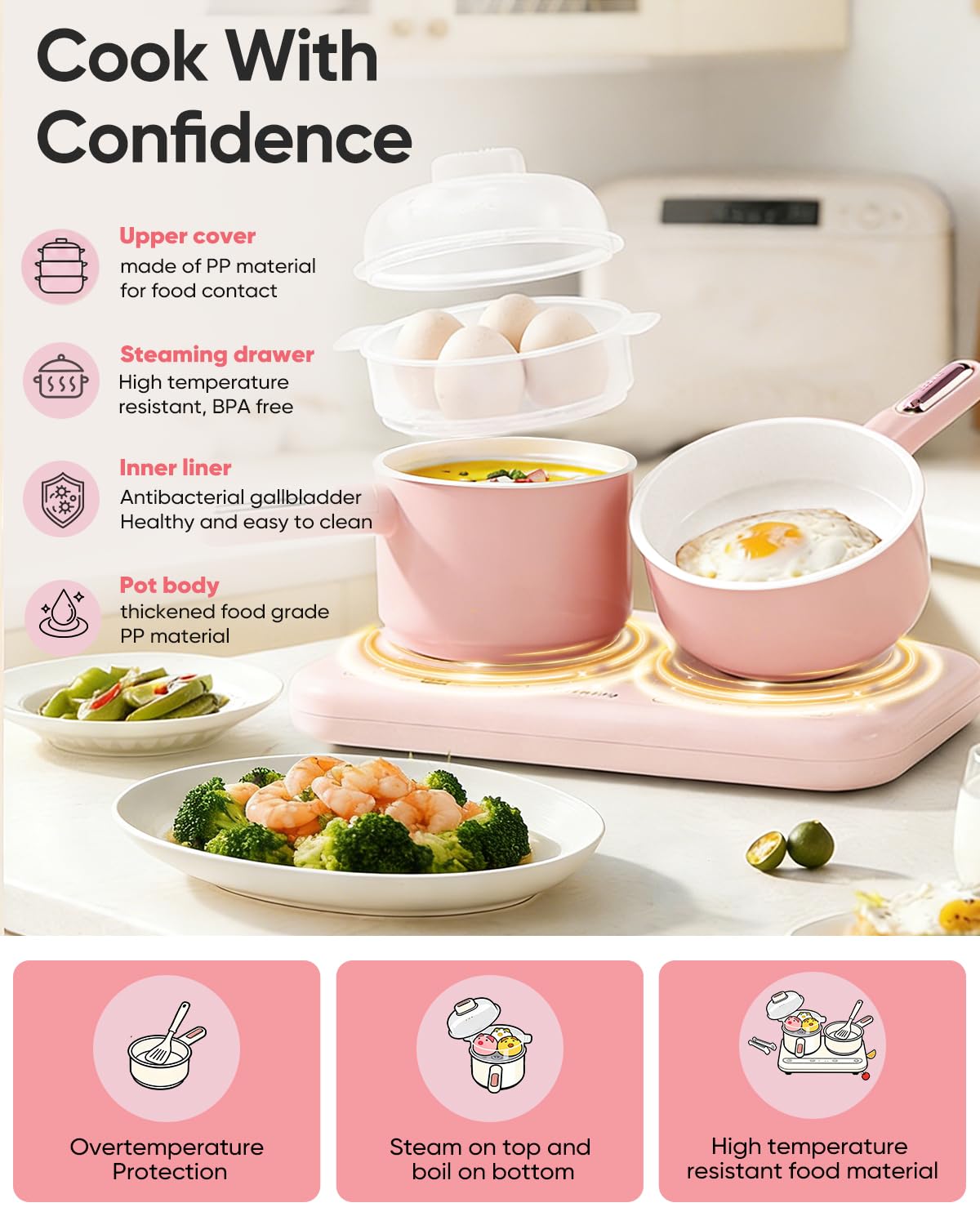 Real Cooking Set with 110V Dual Burner, Mini Kitchen Set (Pink) Operate Each Burner Separately or Together to Steam, Boil and Heat Two Dishes at Once - Image 3