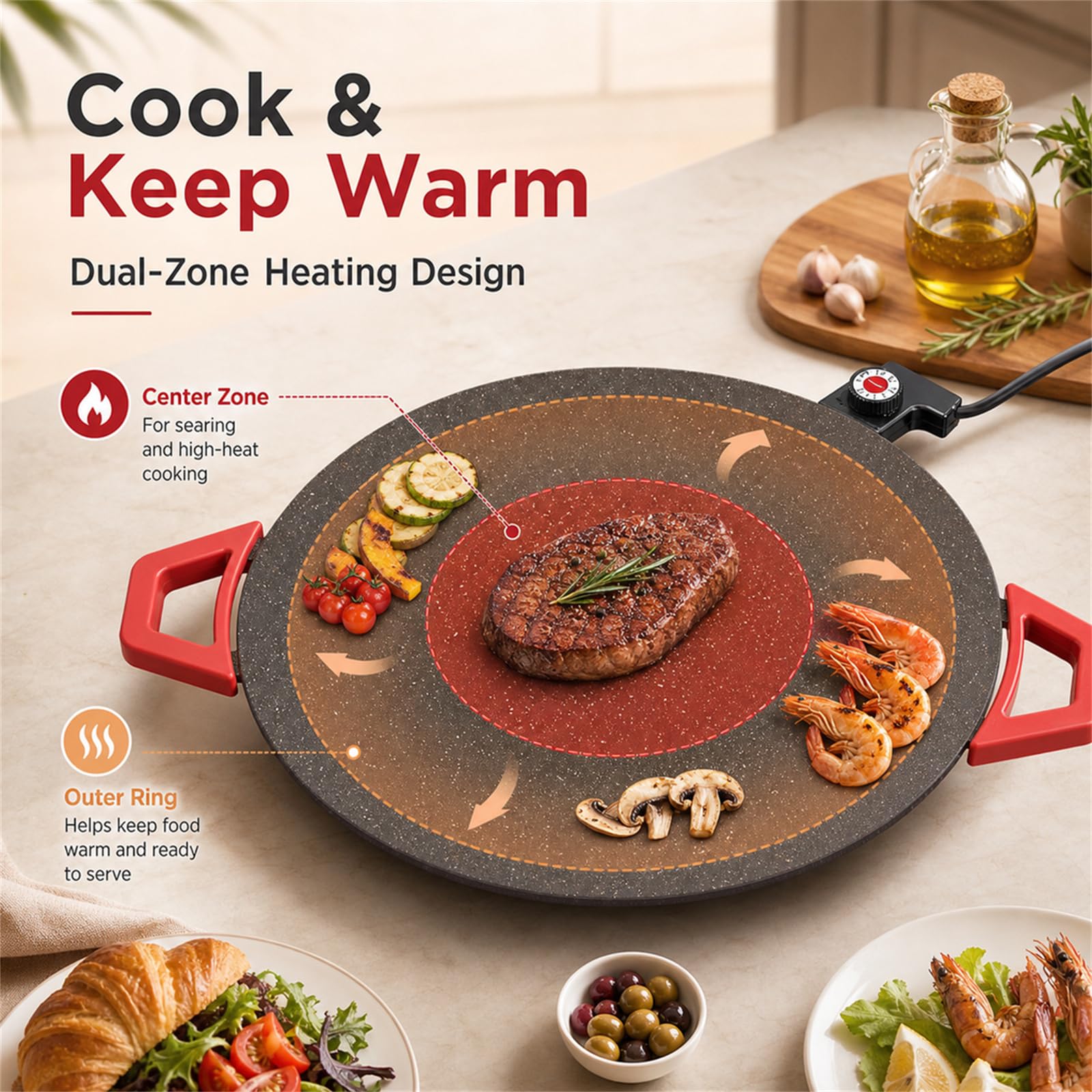 Comal Electrico Para Tortillas, Non-Stick Electric Indoor Grill Pan Non Stick Coating, Temperature Control, Smokeless, Dual Zone Cooking, 14 Inch Round Portable Griddle for Indoor BBQ Cooking - Image 3