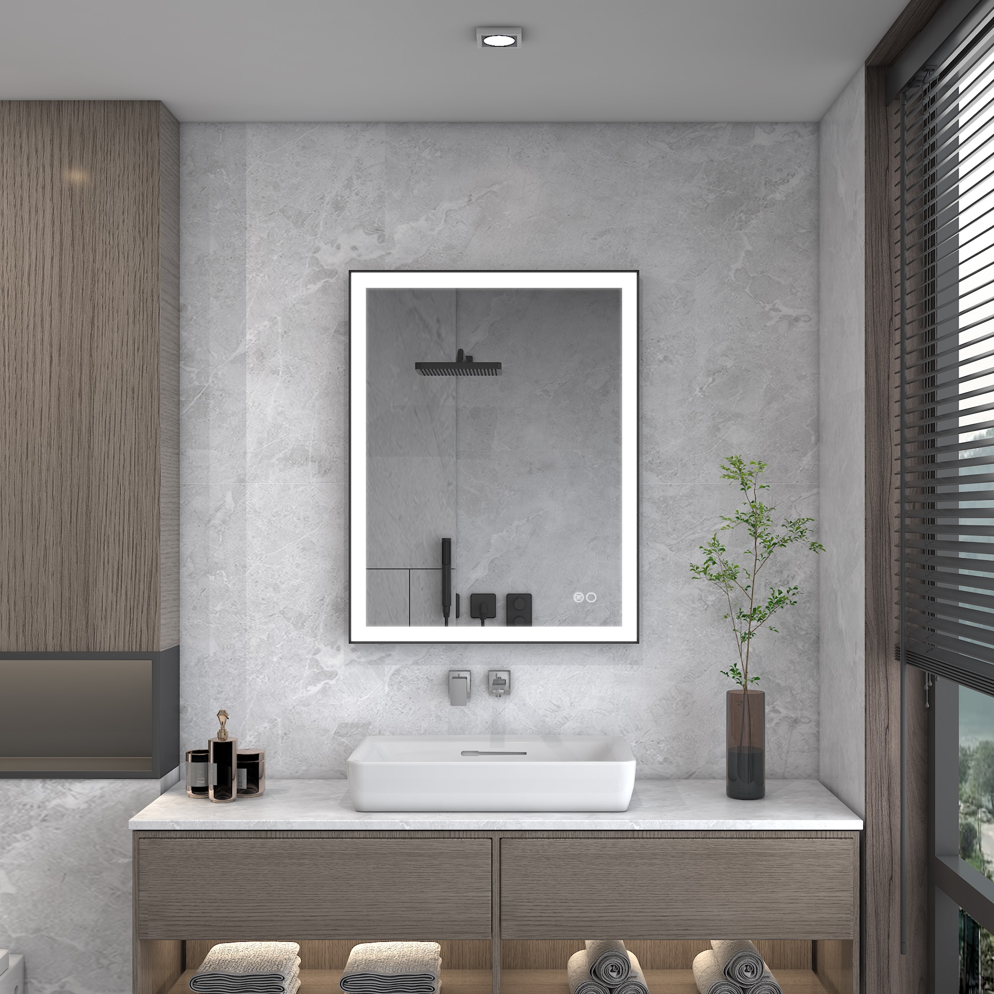 WELLFOR EXW5 28-in x 36-in Framed Rectangle Dimmable LED Lighted Fog Free Bathroom Vanity Mirror ( Matte Black )