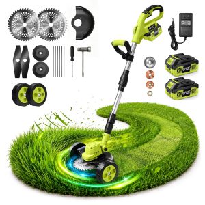 SEESE Cordless Electric Weed Wacker: 3 Different Blades for Lawn Trimming with 2&times;3.0Ah Batteries, Wheels, and Safety Guard, Lightweight & Ergonomic Design - Suitable for Yard & Garden