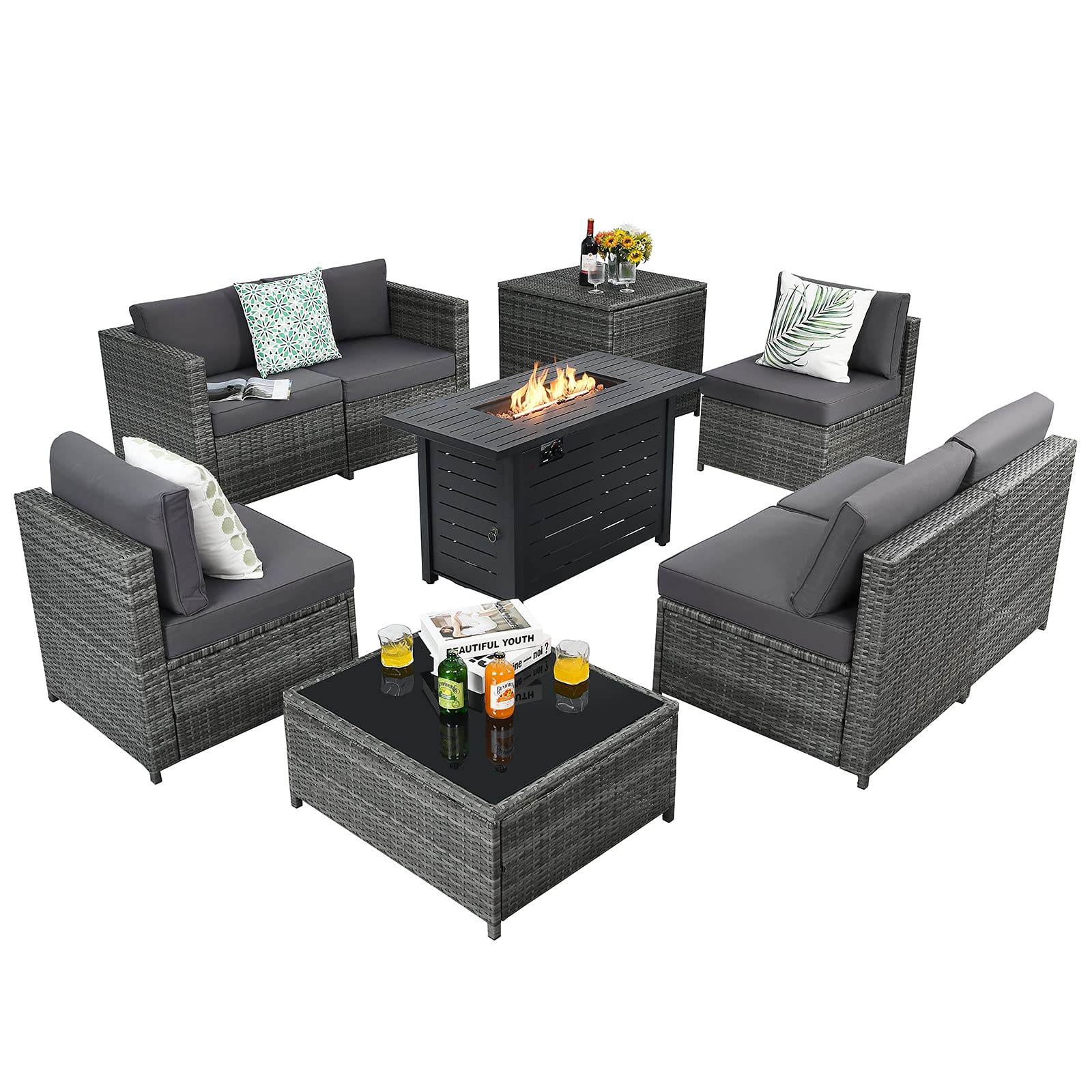 Tangkula 9 Pieces Patio Rattan Furniture Set, Patiojoy Sectional Sofa Set w/Storage Box, Coffee Table, Outdoor Wicker Conversation Set - Image 14