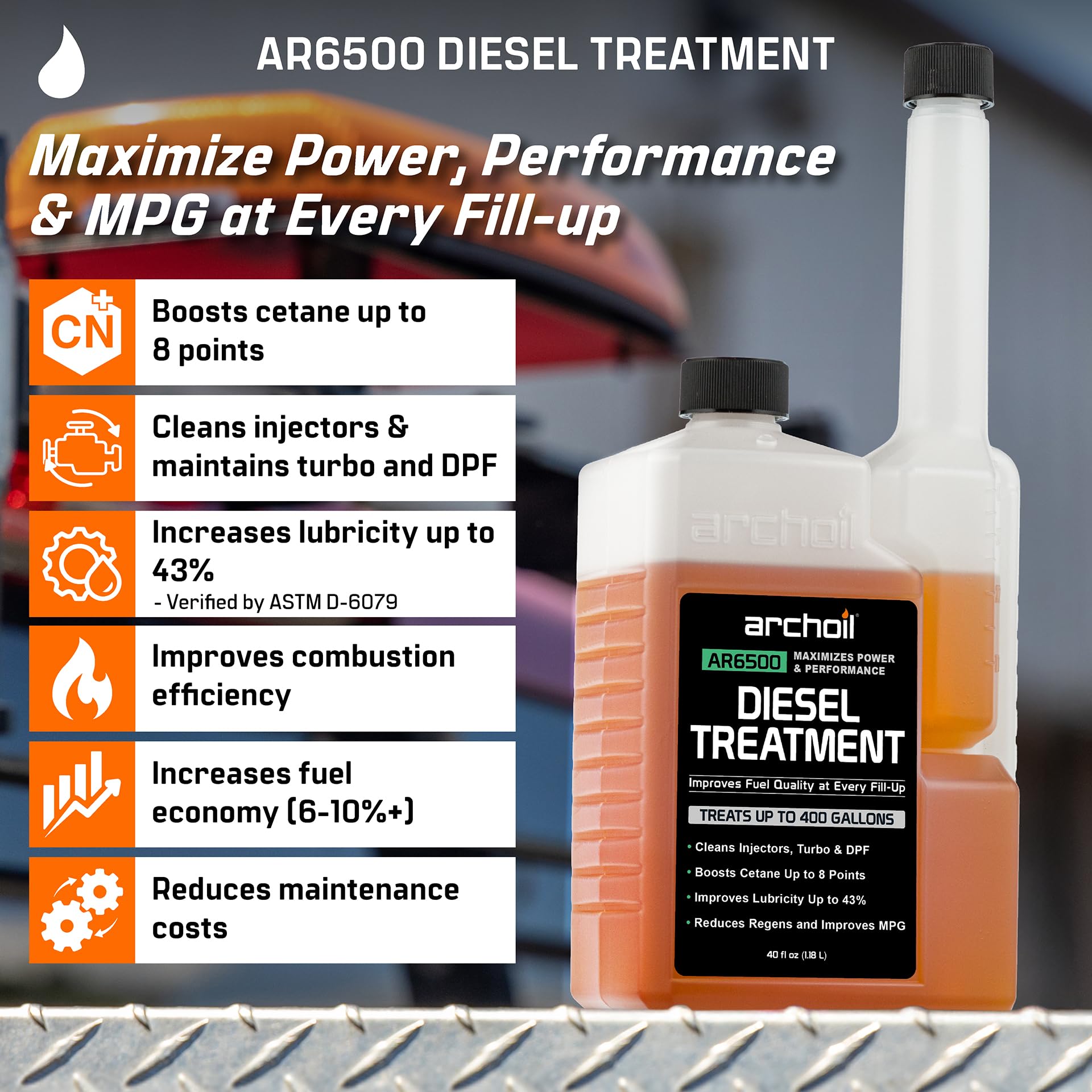 Archoil AR6500 Diesel Treatment (40 oz) Two Pack - Treats 800 Gallons, Diesel Fuel Additive - Lubricity Improver, Injector Cleaner, DPF & Turbo Deposit Control, Cetane Booster - Image 2
