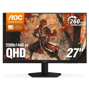 AOC 27" Gaming Monitor QHD 260Hz Overclocked IPS NVIDIA G-SYNC Q27G41ZE 2560×1440 Computer Monitor, 240Hz Native / 260Hz OC, NVIDA G-SYNC Compatible, 0.3ms, HDR, VESA, Audio Out, 3-Yr Warranty