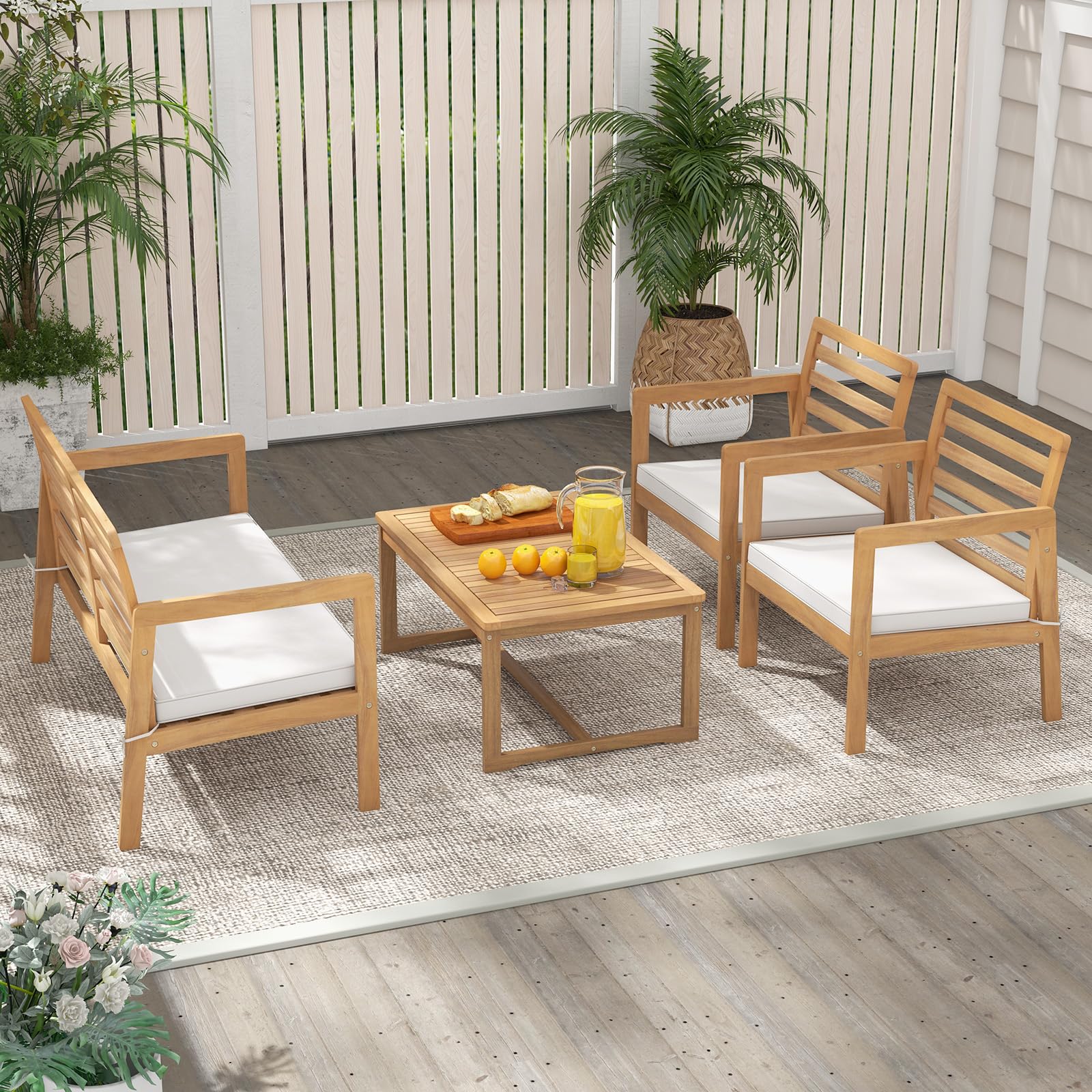 Tangkula 4 Piece Wood Patio Conversation Set, Patio Furniture Set w/Seat Cushions - Image 3