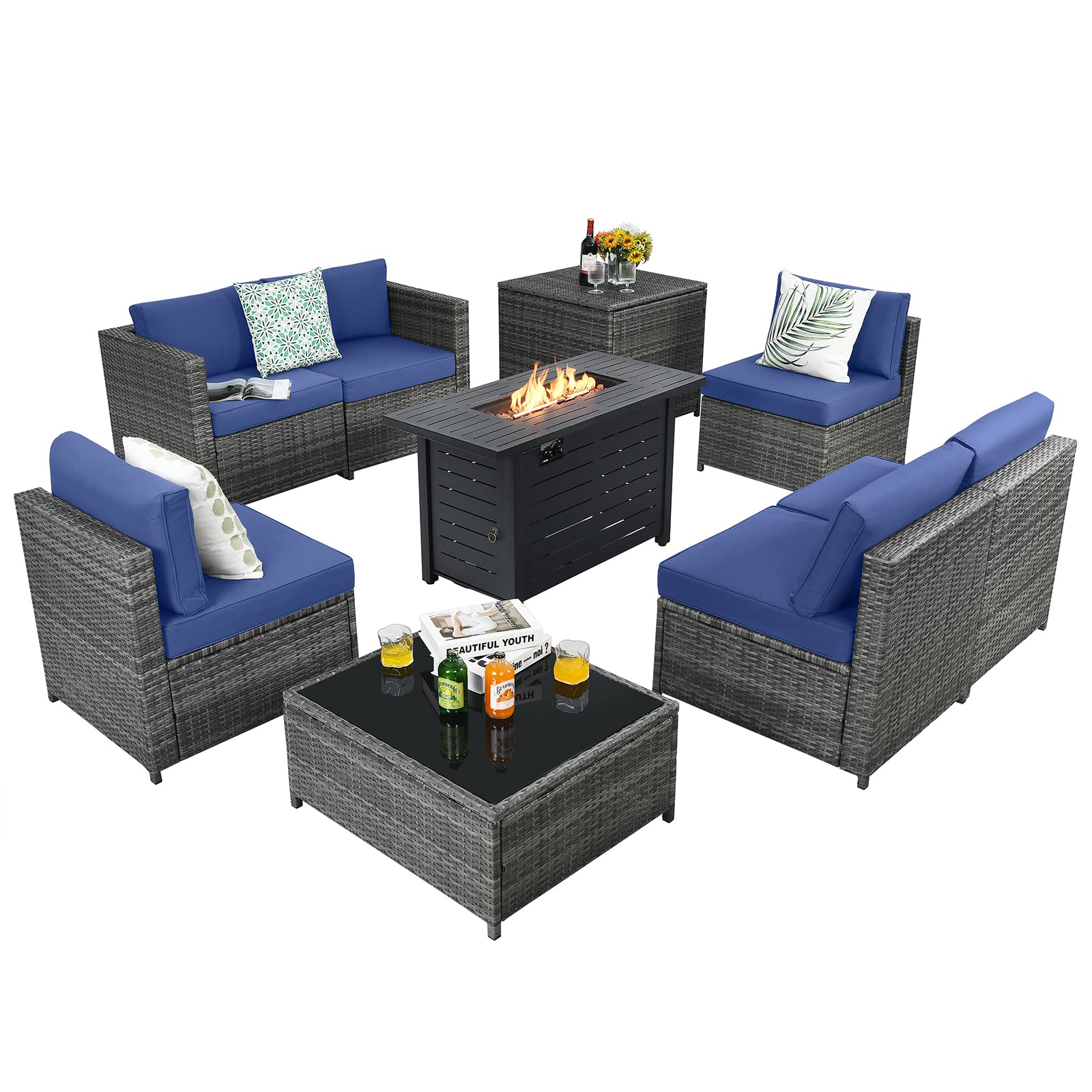 Tangkula 9 Pieces Patio Rattan Furniture Set, Patiojoy Sectional Sofa Set w/Storage Box, Coffee Table, Outdoor Wicker Conversation Set - Image 16