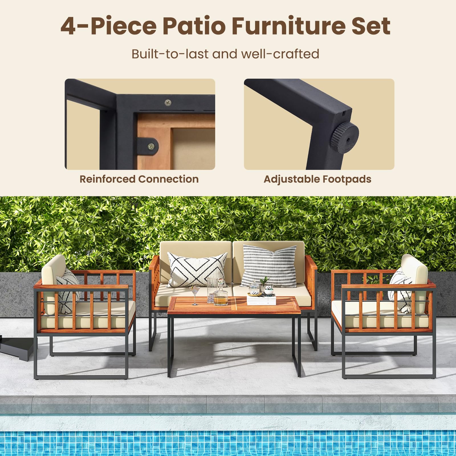 Tangkula Acacia Wood Outdoor Sofa Set, 4 Pieces Outdoor Furniture Set with Heavy Duty Metal Frame - Image 9