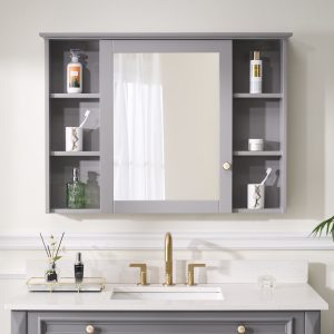 WELLFOR ART Solid Wood Medicine Cabinet 42-in x 30-in Surface Mount Gray Mirrored Rectangle Soft Close Medicine Cabinet