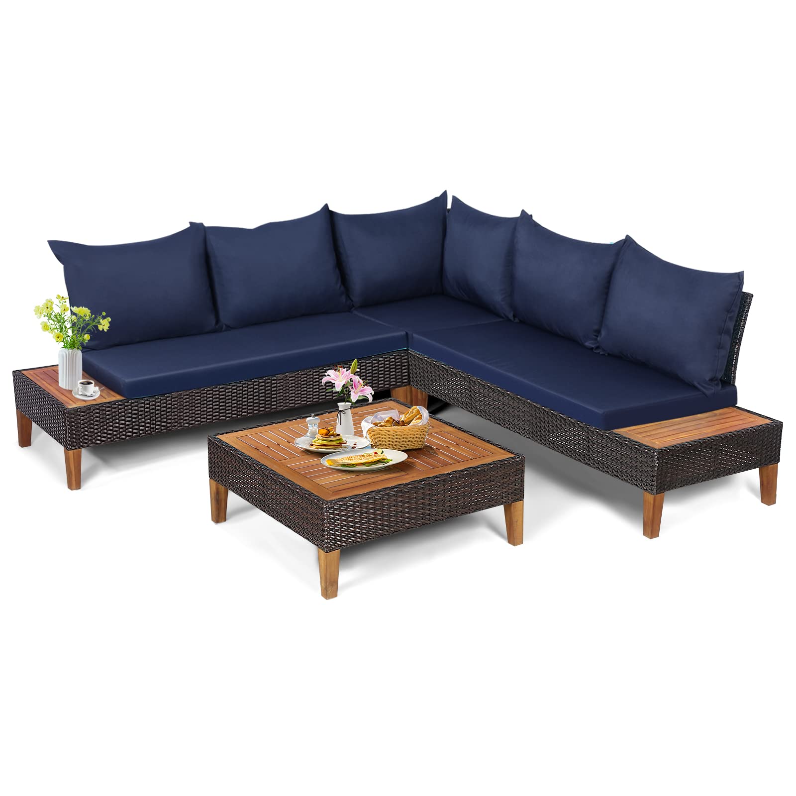 4 Pieces Acacia Wood Patio Conversation Set, Sofa Set with Coffee Table, Corner Sofa & 2 Loveseats