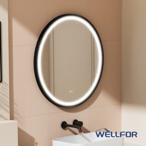 WELLFOR BONIE LED Mirror 32-in x 32-in Framed Round Dimmable LED Lighted Fog Free Bathroom Vanity Mirror ( Matte Black )