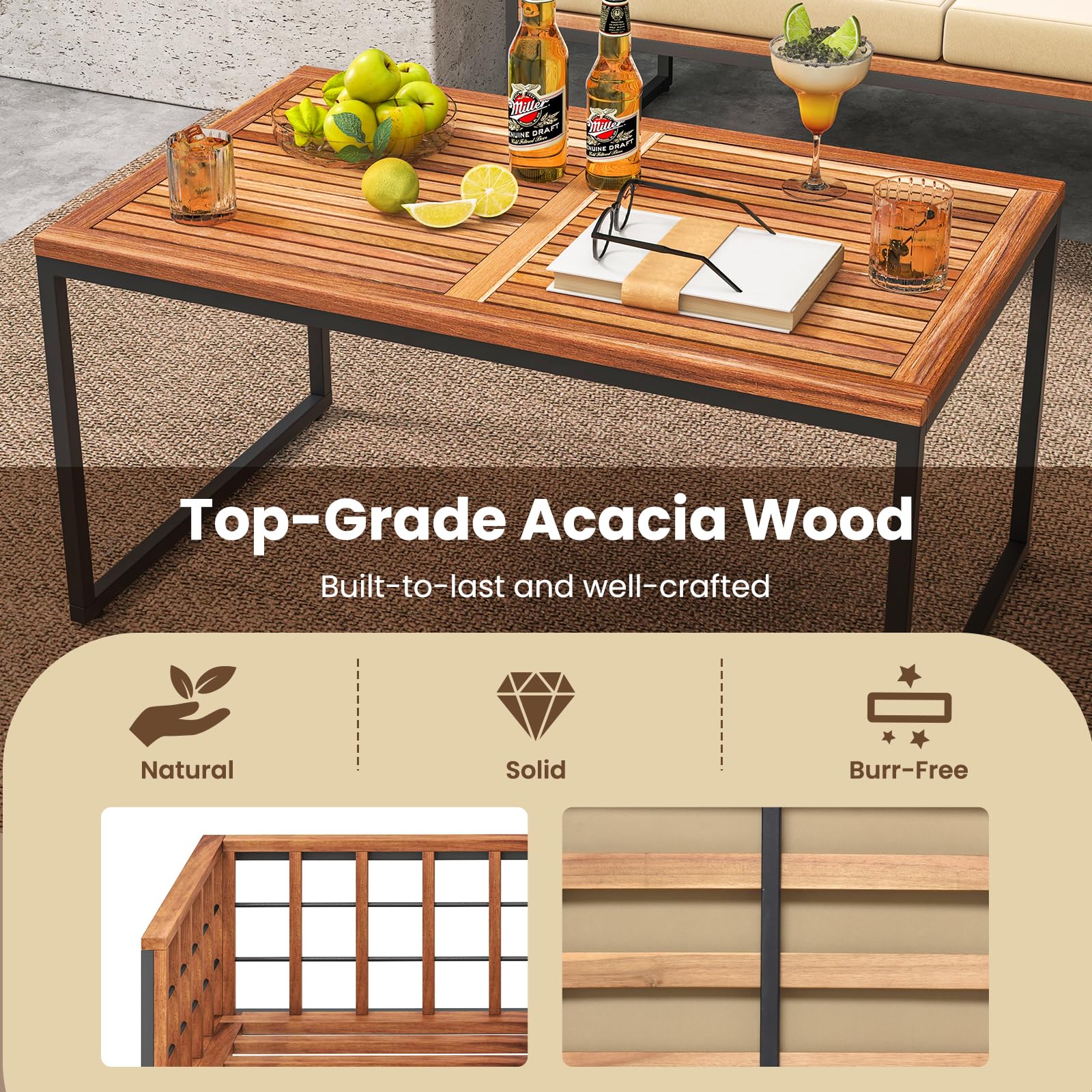 Tangkula Acacia Wood Outdoor Sofa Set, 4 Pieces Outdoor Furniture Set with Heavy Duty Metal Frame - Image 7