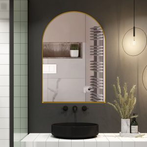 WELLFOR FS Medicine Cabinet 24-in x 36-in Surface Mount Gold Mirrored Arched Medicine Cabinet