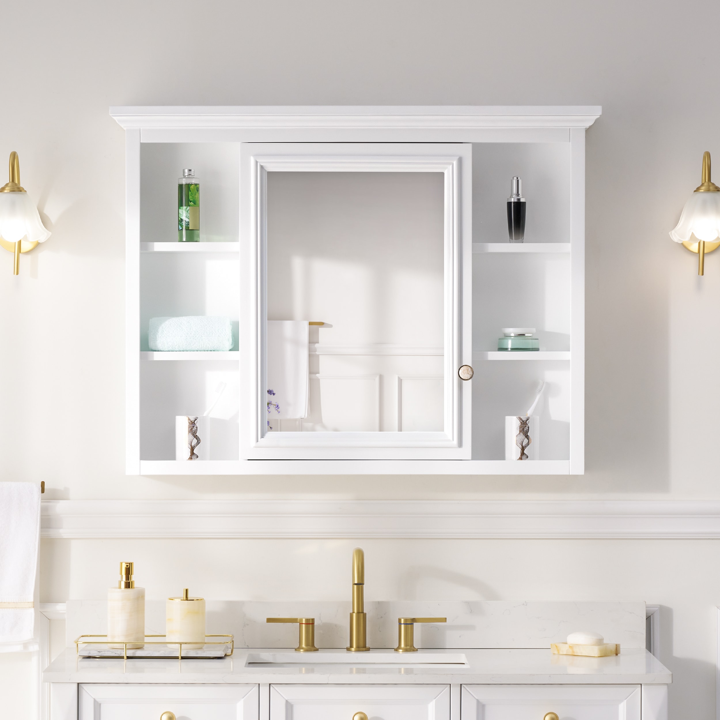 WELLFOR GRACE Medicine Cabinet Solid Wood 40-in x 30-in Surface Mount White Mirrored Rectangle Soft Close Medicine Cabinet