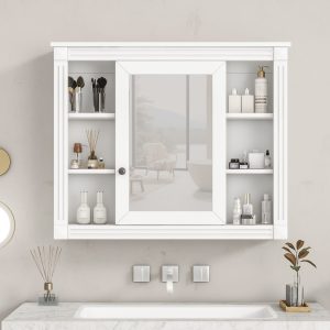 WELLFOR MS Medicine Cabinet 35-in x 28-in Surface Mount White Mirrored Rectangle Soft Close Medicine Cabinet