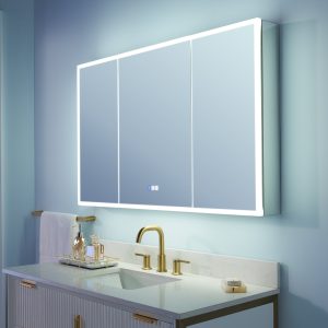 WELLFOR ELIN LED Medicine Cabinet 48-in x 30-in Lighted LED Fog Free Surface/Recessed Mount Silver Mirrored Rectangle Soft Close Medicine Cabinet with Outlet
