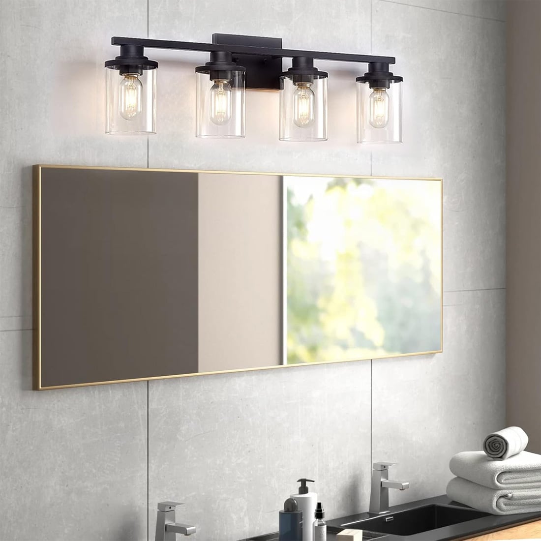 Fylbinye Matte Black Bathroom Vanity Light with Glass Shade 25-in 4 Light Matte Black Modern/contemporary Bathroom Vanity light bar - Image 4