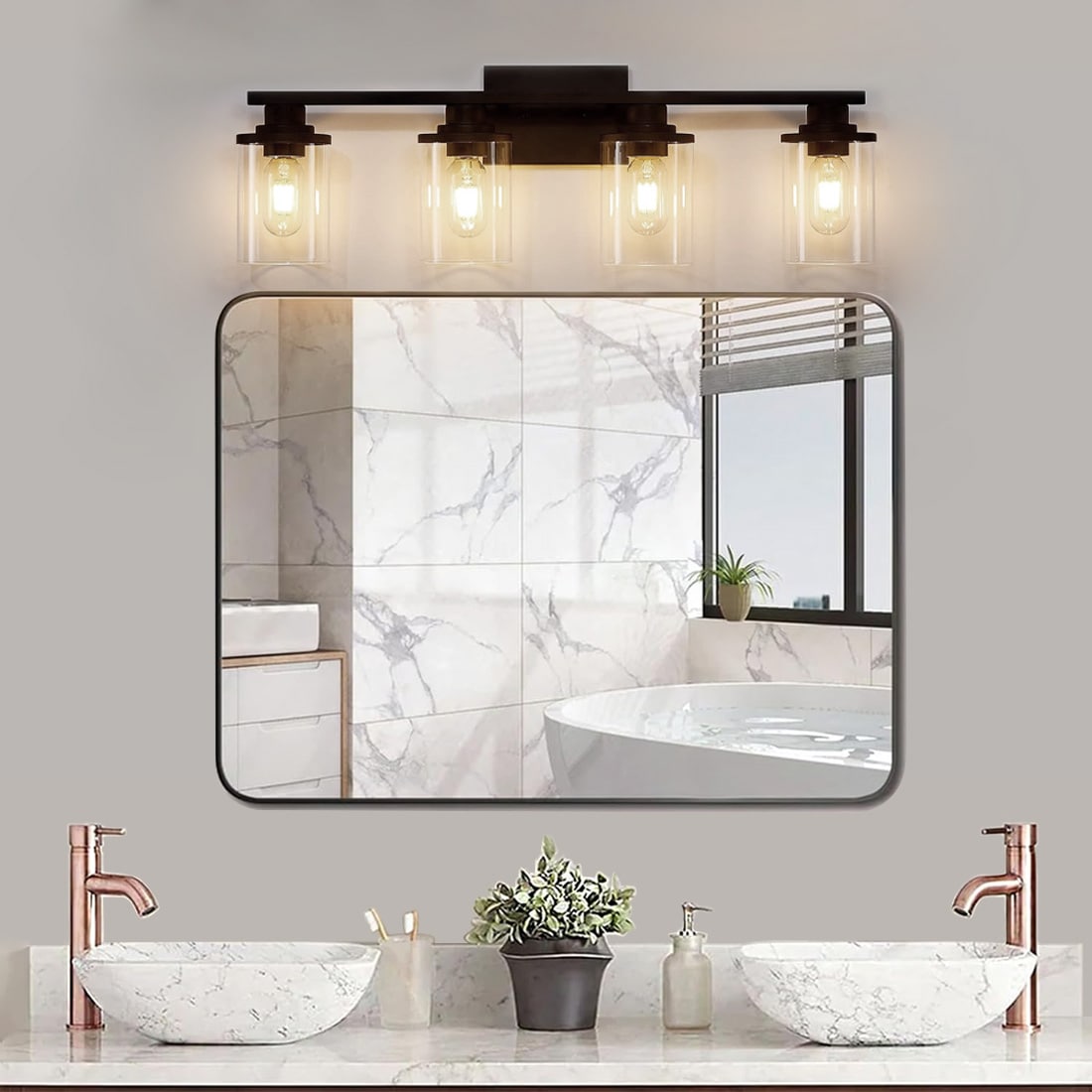 Fylbinye Matte Black Bathroom Vanity Light with Glass Shade 25-in 4 Light Matte Black Modern/contemporary Bathroom Vanity light bar