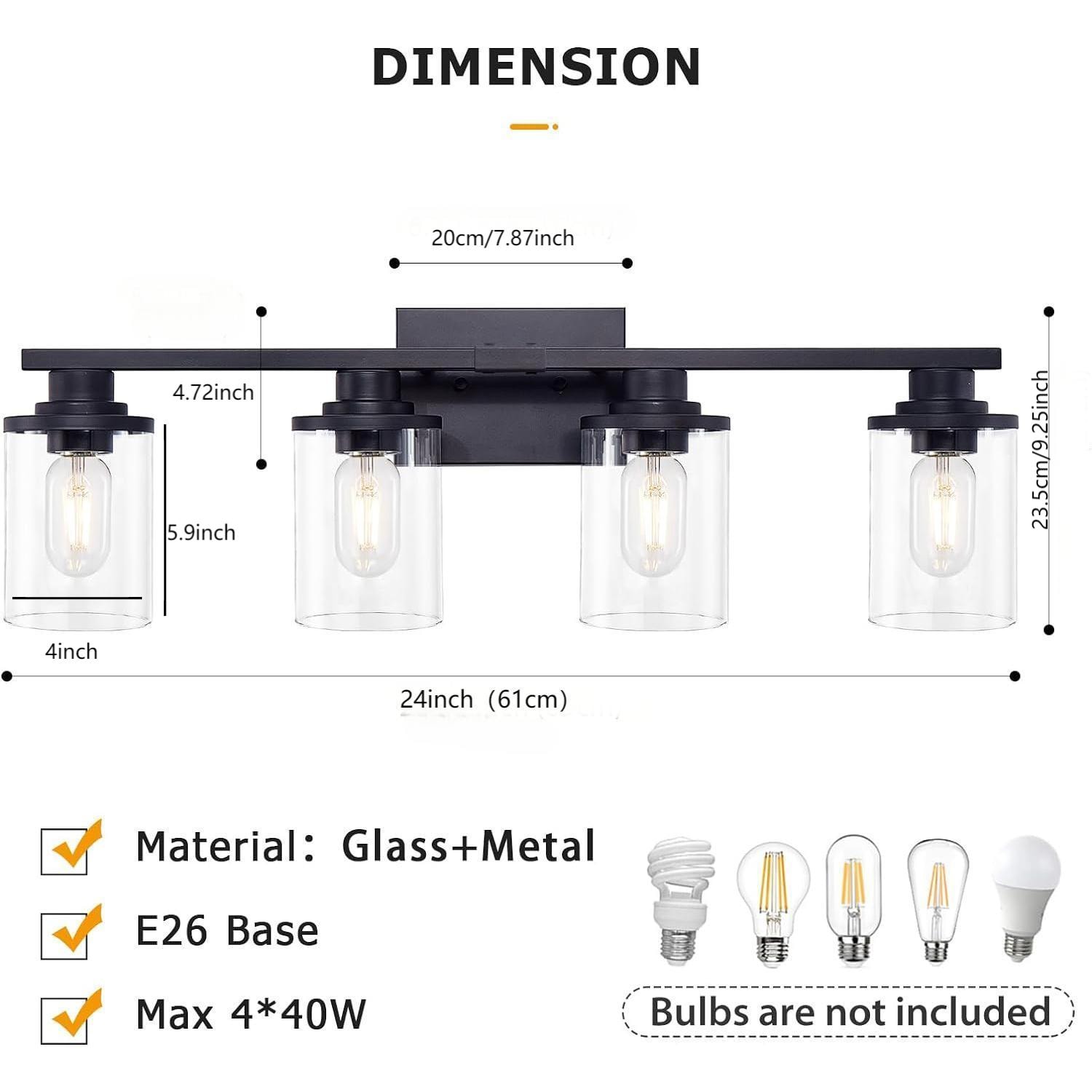 Fylbinye Matte Black Bathroom Vanity Light with Glass Shade 25-in 4 Light Matte Black Modern/contemporary Bathroom Vanity light bar - Image 3