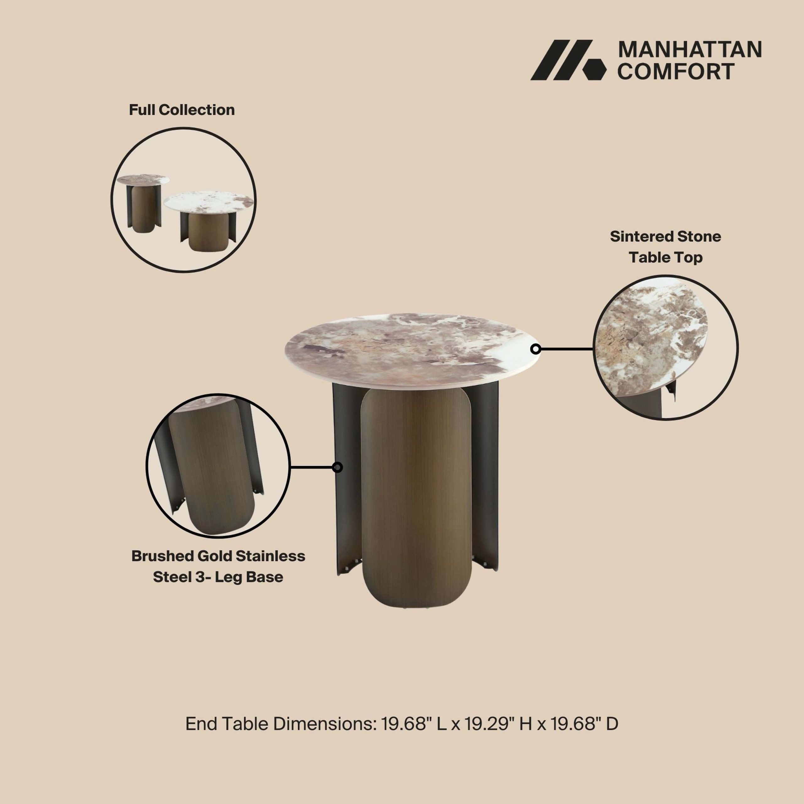 Manhattan Comfort 19.68-in W x 19.29-in H Gold Stone Round Glam End Table - Image 4