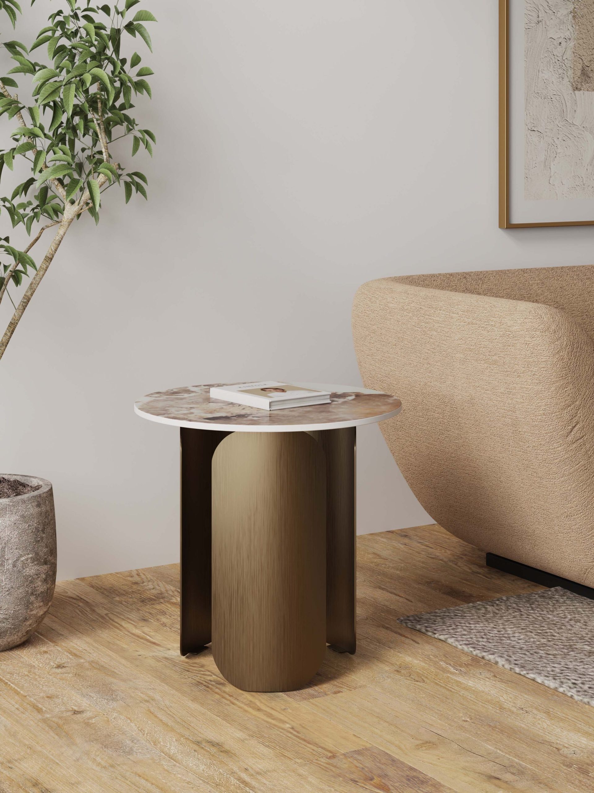 Manhattan Comfort 19.68-in W x 19.29-in H Gold Stone Round Glam End Table