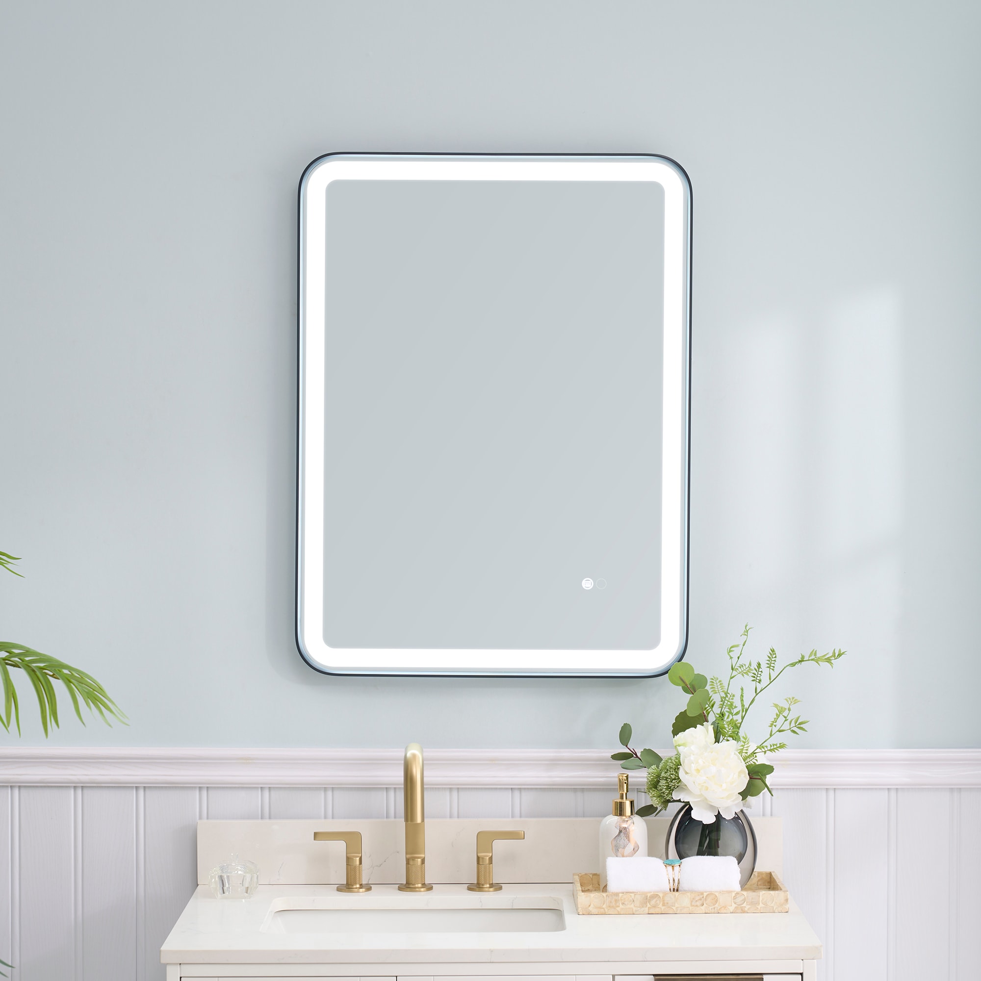 WELLFOR BONIE LED Mirror 24-in x 32-in Framed Rectangle Dimmable LED Lighted Fog Free Bathroom Vanity Mirror ( Matte Black )