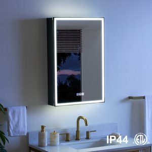 WELLFOR AYLA Medicine Cabinet 20-in x 30-in Lighted LED Fog Free Surface/Recessed Mount Black Rectangle Soft Close Medicine Cabinet with Outlet