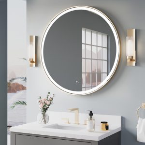 WELLFOR BONIE 36-in x 36-in Framed Round Dimmable LED Lighted Fog Free Bathroom Vanity Mirror ( Matte Black )