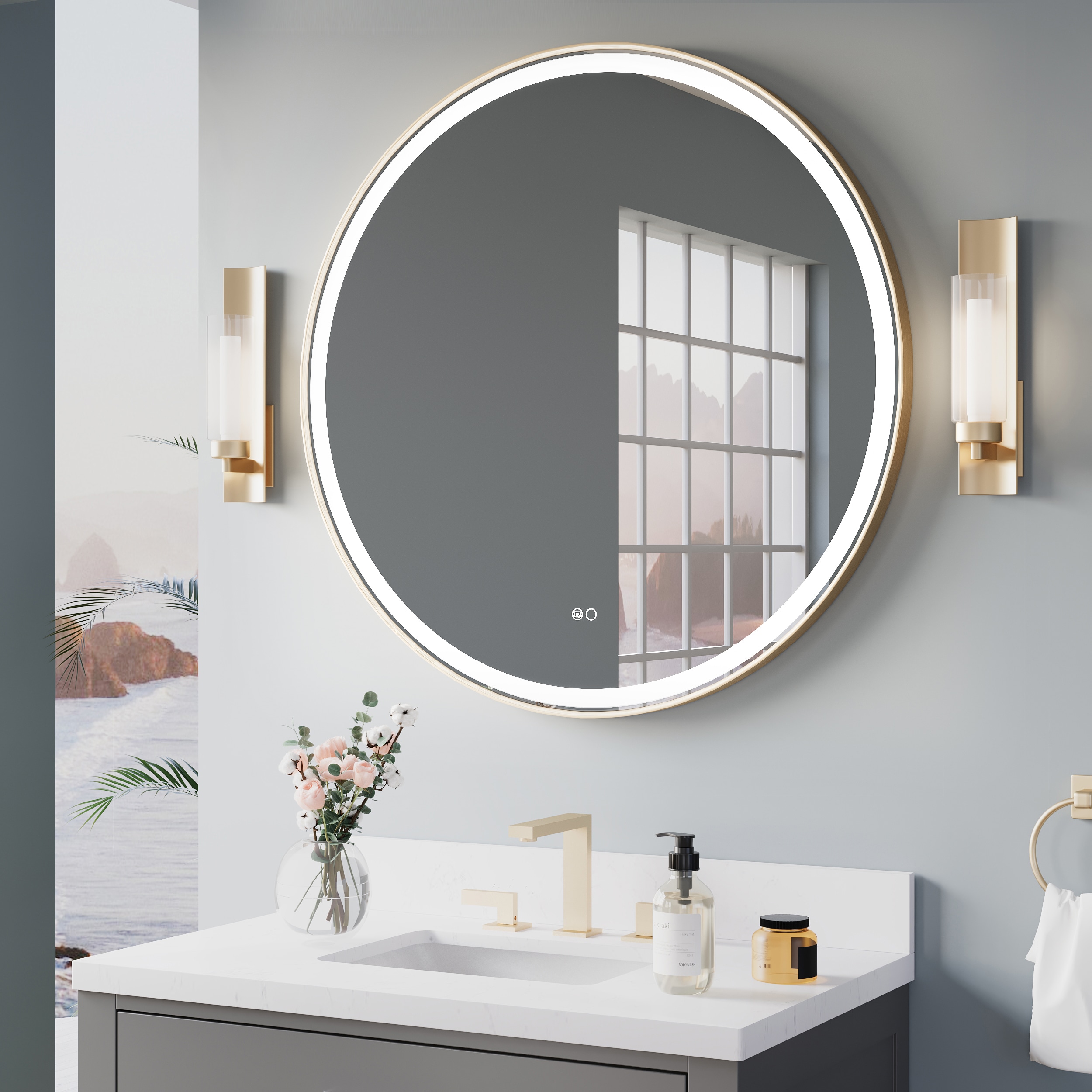 WELLFOR BONIE 36-in x 36-in Framed Round Dimmable LED Lighted Fog Free Bathroom Vanity Mirror ( Matte Black )