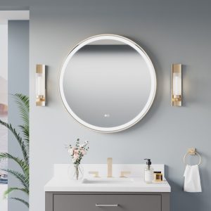 WELLFOR BONIE LED Mirror 32-in x 32-in Framed Round Lighted Fog Free Bathroom Vanity Mirror ( Brushed Gold )