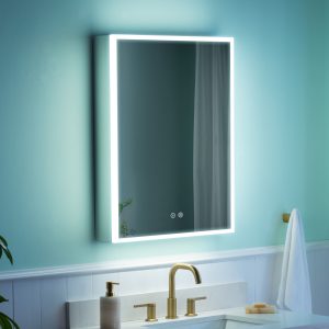 WELLFOR ELIN LED Medicine Cabinet 24-in x 30-in Lighted LED Fog Free Surface/Recessed Mount Silver Mirrored Rectangle Soft Close Medicine Cabinet with Outlet