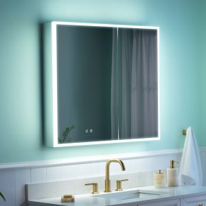 WELLFOR ELIN LED Medicine Cabinet 36-in x 30-in Lighted LED Fog Free Surface/Recessed Mount Silver Mirrored Rectangle Soft Close Medicine Cabinet with Outlet